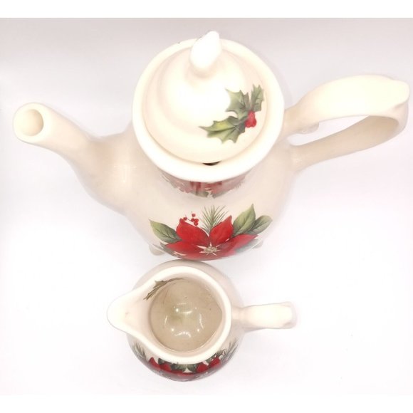 Lily Creek Incomplete Porcelain Tea Set Poinsetta Teapot Creamer Cup 2 Saucers - Picture 8 of 12